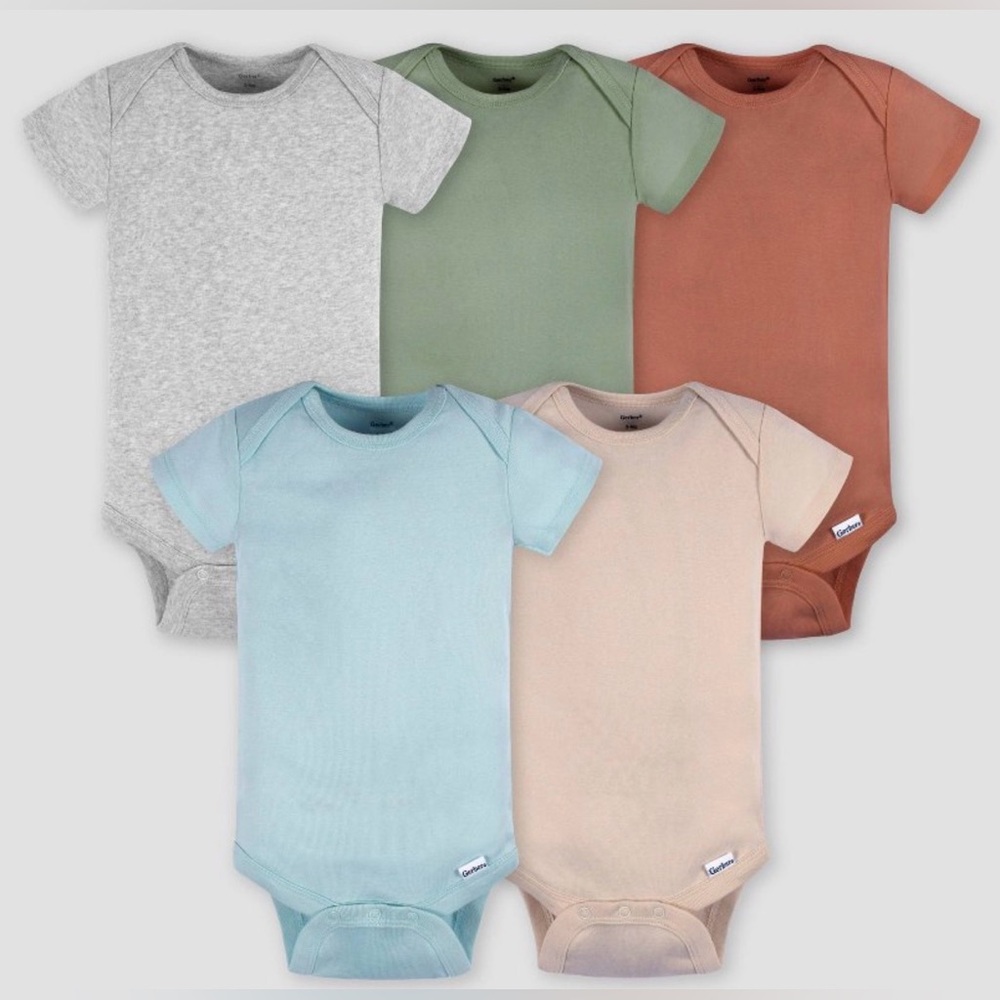 Gerber Kids Onesies in Gray, Green, Brown, Blue, and Cream